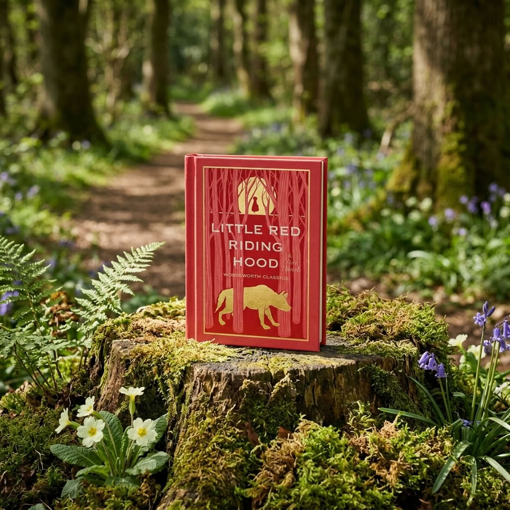Little Red Riding Hood Wordsworth Pocket Fairytales hardback on a mossy tree stump beside a woodland path