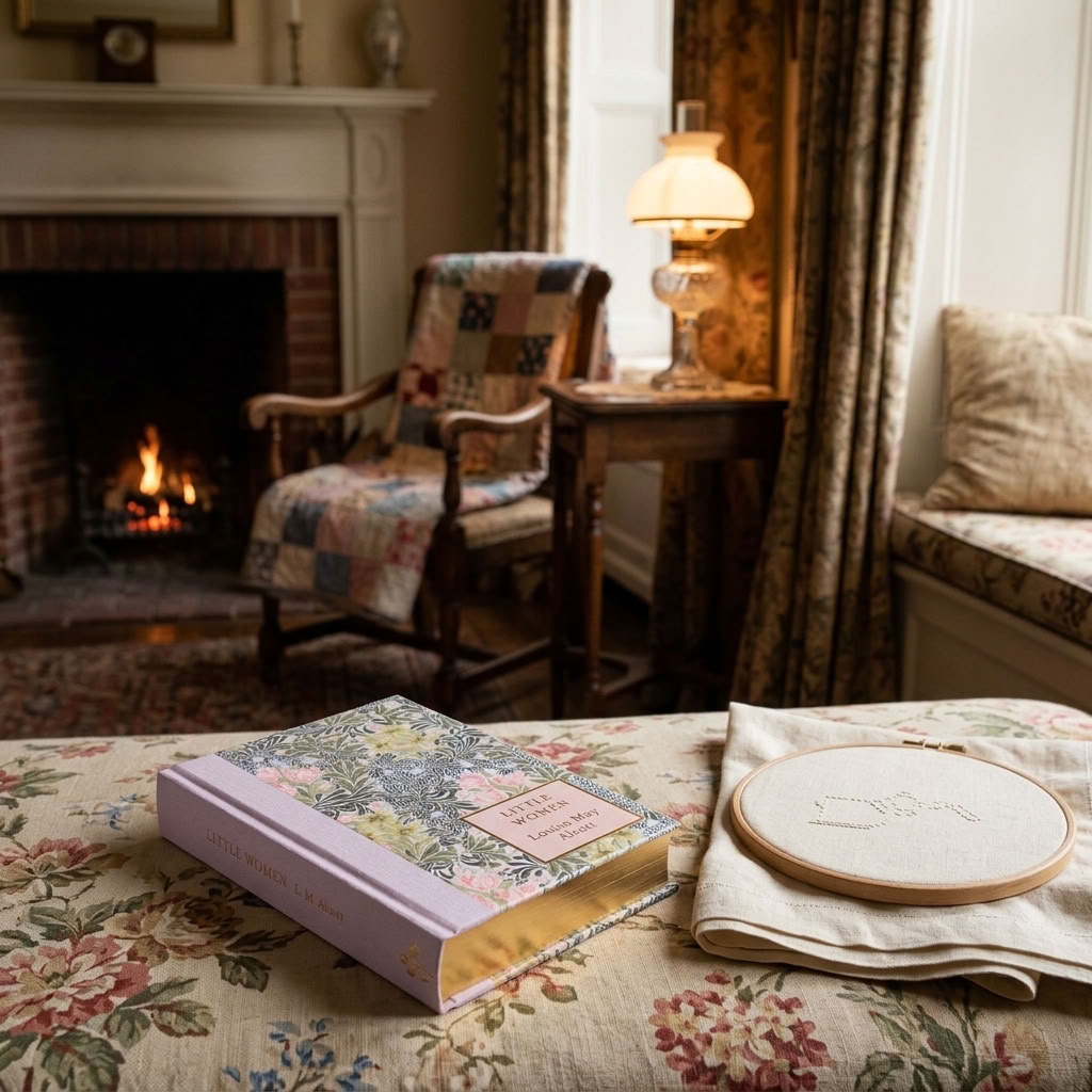 Little Women by Louisa May Alcott Wordsworth Heritage Collection hardback with embroidery in a traditional fireside setting