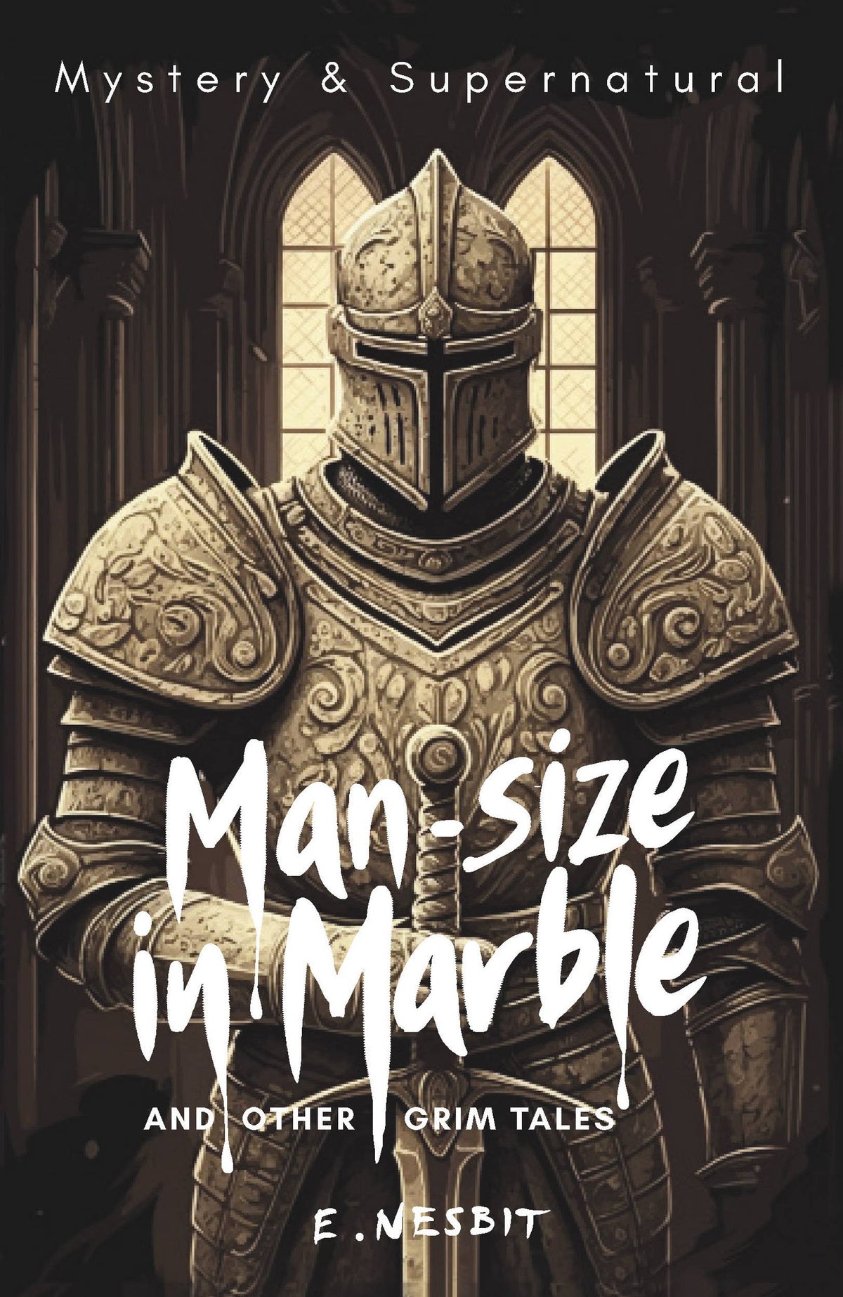 Man-size in Marble and Other Grim Tales by E. Nesbit paperback front cover featuring an illustrated suit of medieval armour