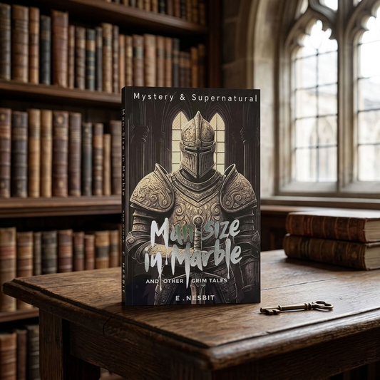 Man-Size in Marble and Other Grim Tales by E. Nesbit paperback on an antique oak table in a Gothic library