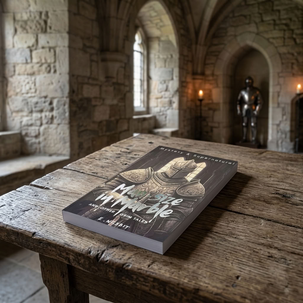 Man-Size in Marble and Other Grim Tales by E. Nesbit paperback on a weathered oak table in a medieval stone hall