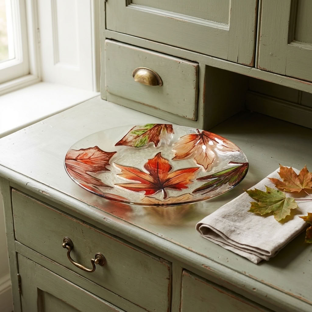 Maple Leaves Glass Decorative Plate 23cm displayed on a painted dresser in a traditional English country kitchen