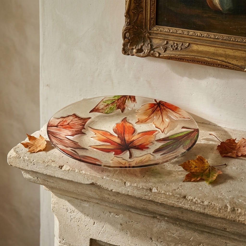 Maple Leaves Glass Decorative Plate 23cm displayed on an aged stone mantel with subtle autumn leaves