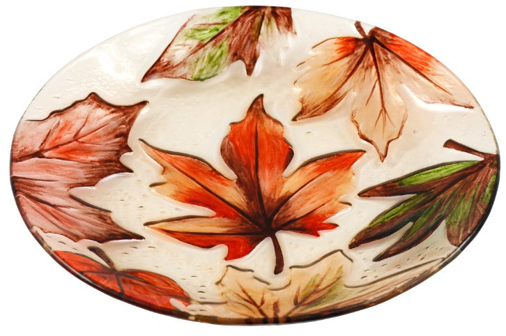 Maple Leaves 23cm glass decorative plate with orange, brown and green autumn leaf design