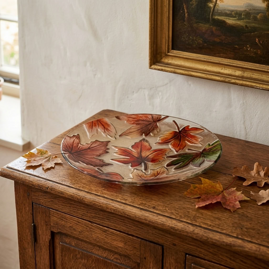 Maple Leaves Glass Decorative Plate displayed on an antique wooden sideboard in a warm English country home