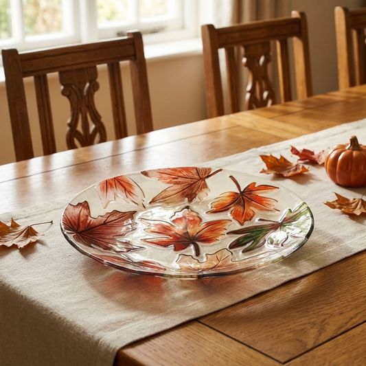Maple Leaves Glass Decorative Plate styled as an autumn centrepiece on a traditional wooden country dining table