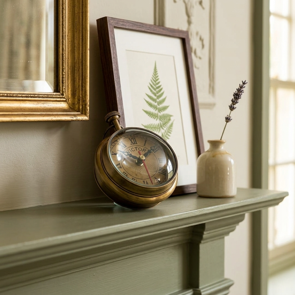 Antiqued Brass Magnified Table Clock