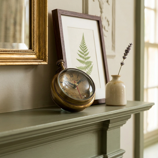 Antiqued Brass Magnified Table Clock
