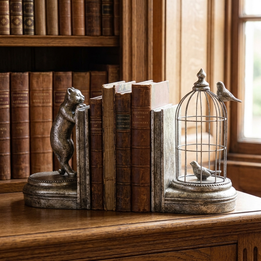 McGowan & Rutherford cat and birdcage bookends displayed with antique books on a handcrafted oak bookshelf in an English country house library.