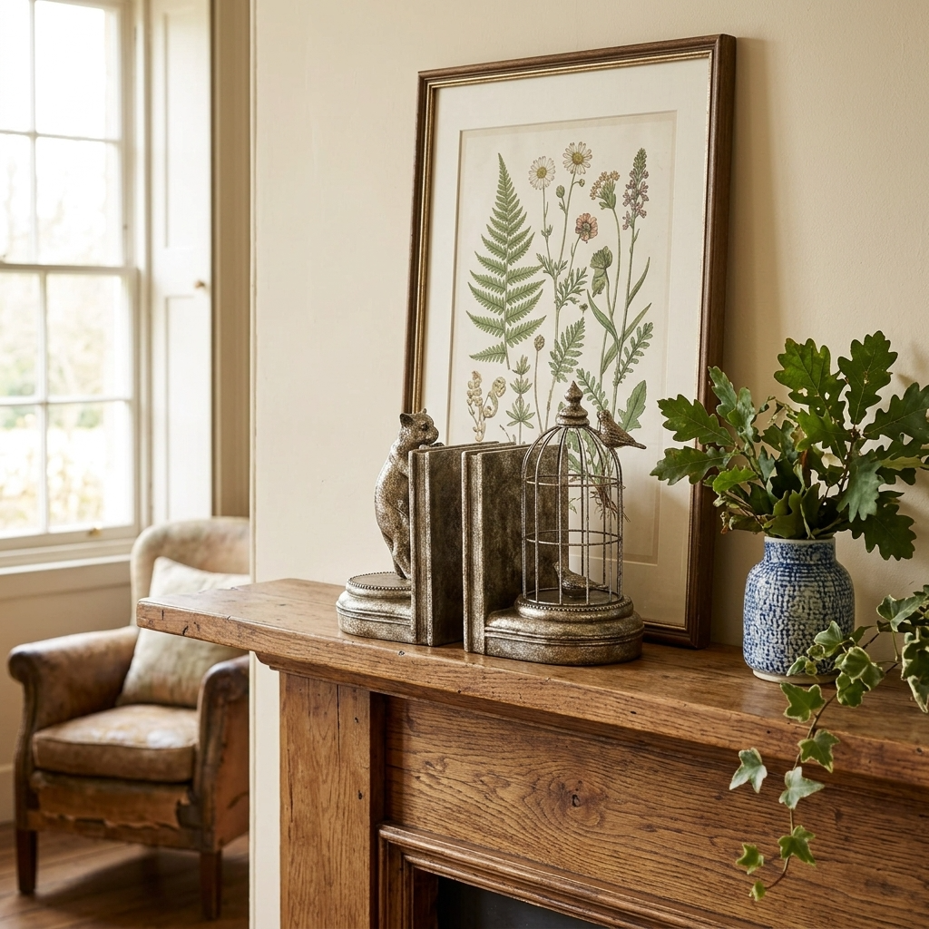McGowan & Rutherford cat and birdcage bookends displayed on a traditional oak mantelpiece in an elegant English country house.