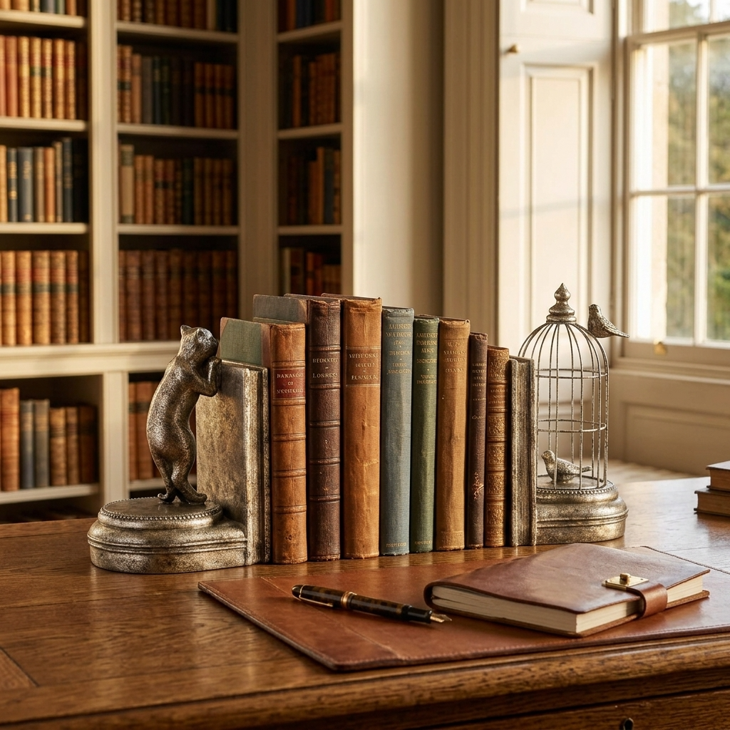 McGowan & Rutherford cat and birdcage bookends displayed with antique books on a traditional oak writing desk in an English country house study.