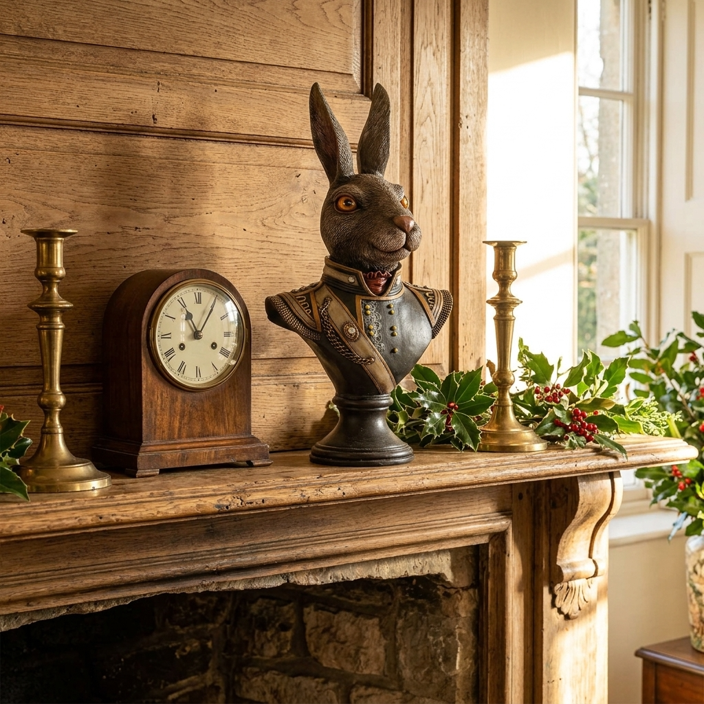McGowan & Rutherford Victorian rabbit bust displayed on a wooden mantelpiece in a traditional English country house drawing room.