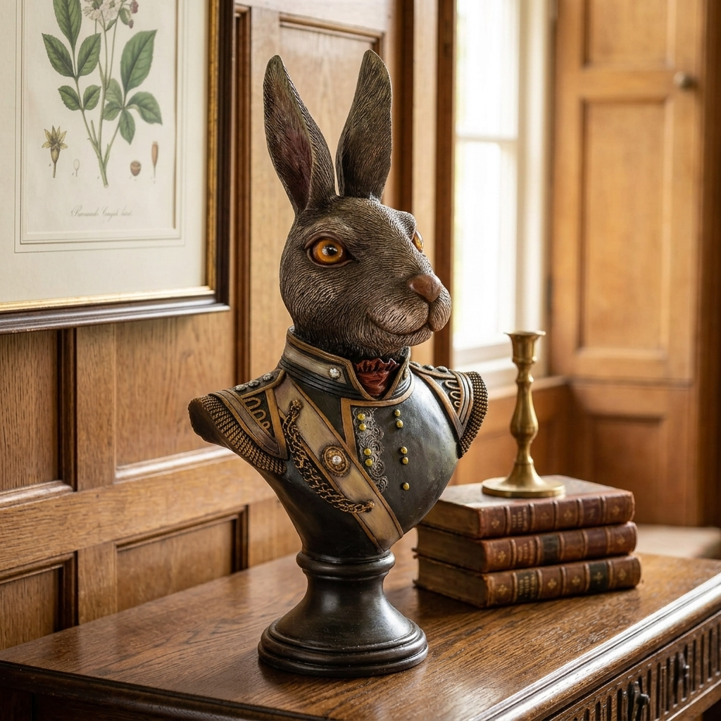 McGowan & Rutherford Victorian rabbit bust displayed on an oak console table in an elegant English country house hallway.