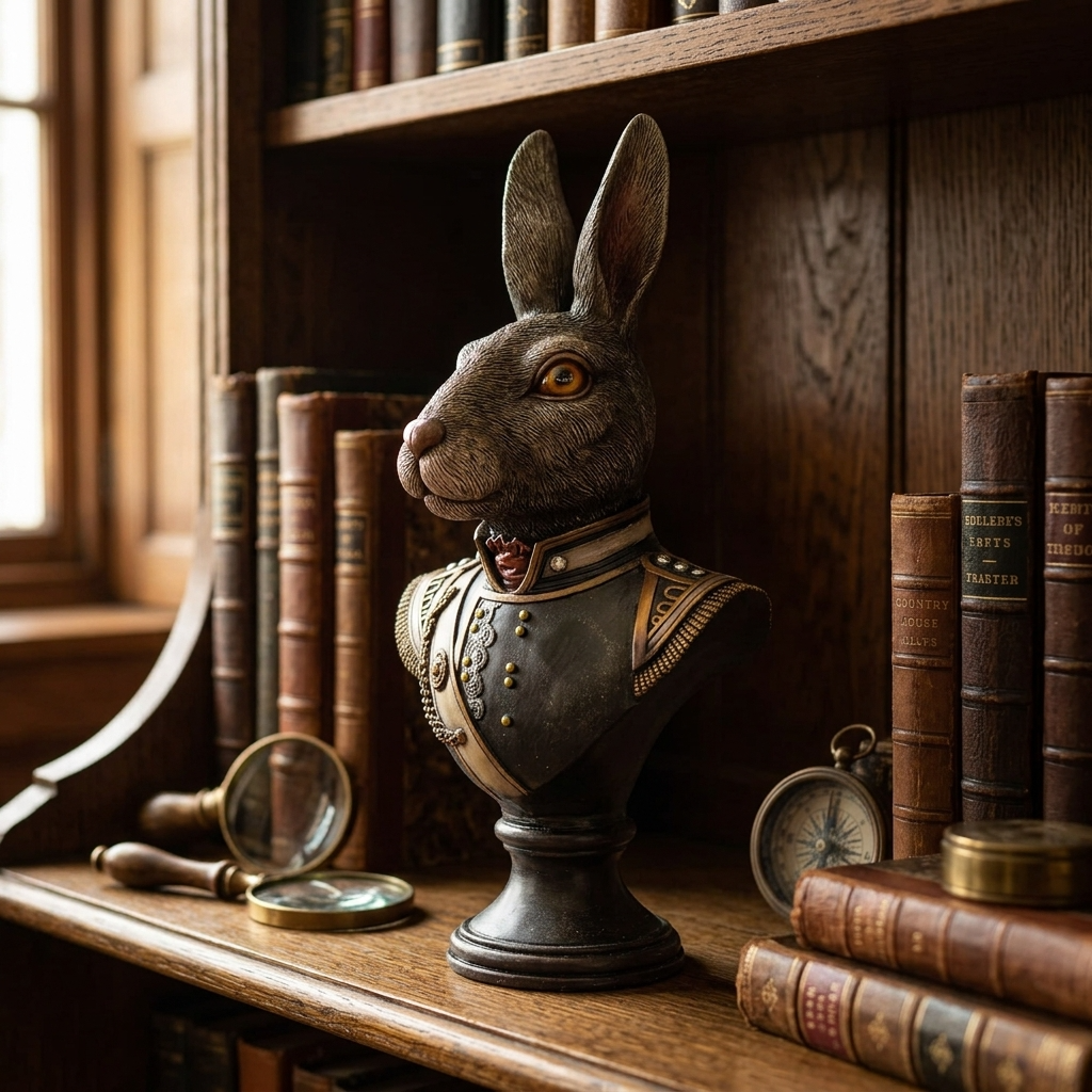 McGowan & Rutherford Victorian rabbit bust styled on traditional oak library shelving in an English country house.
