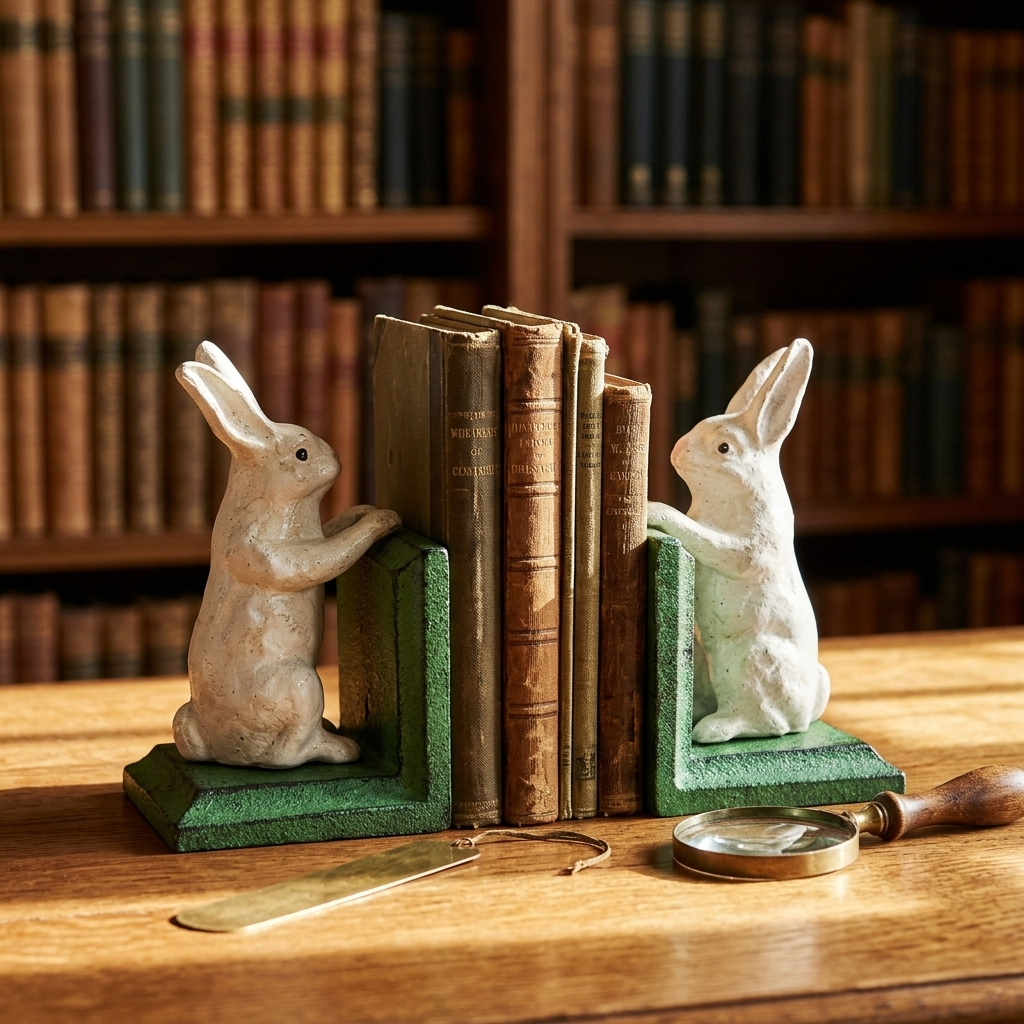 Cast Iron Antiqued Pair of White Rabbit Bookends