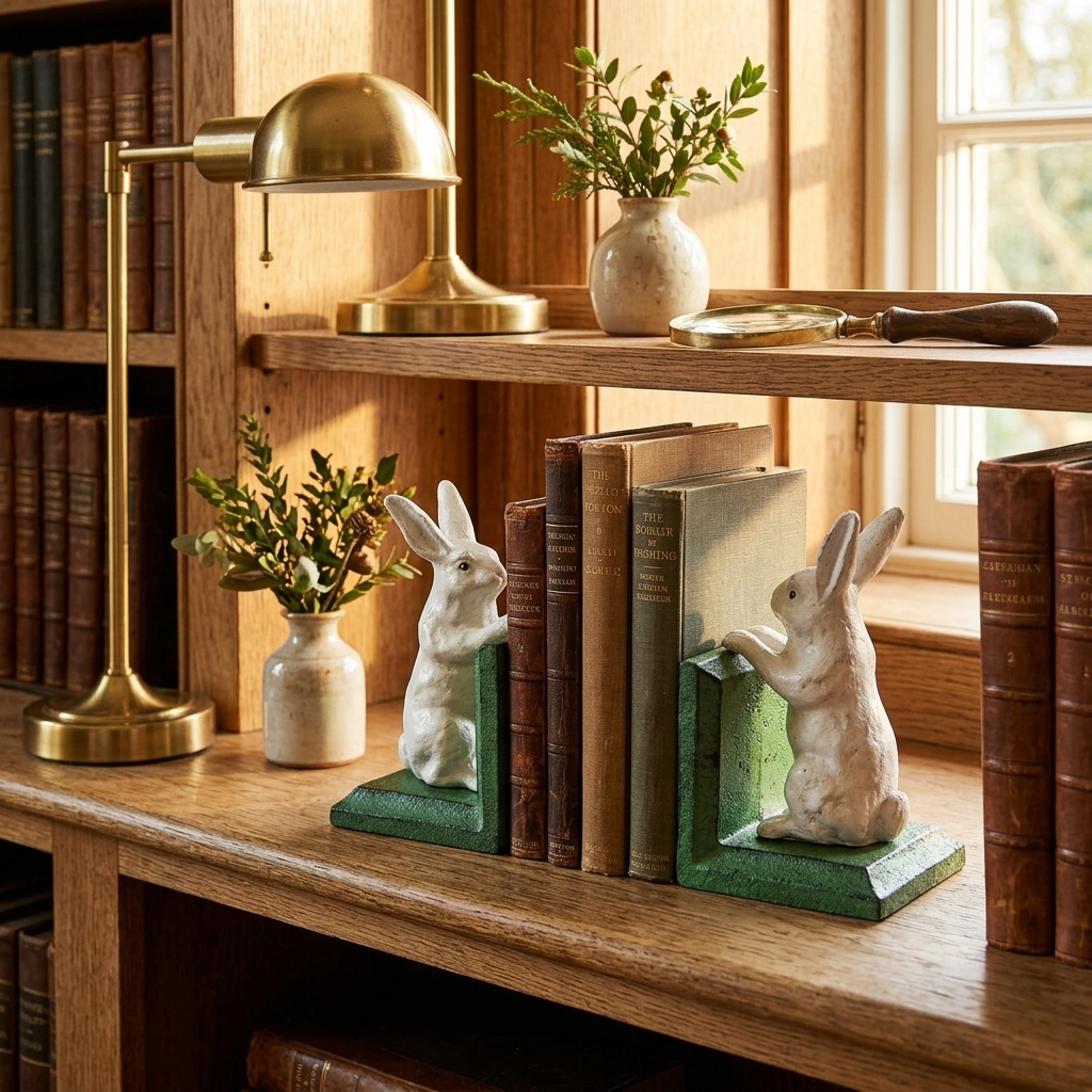 McGowan & Rutherford white rabbit bookends holding books on an oak bookshelf in a traditional English country house library.