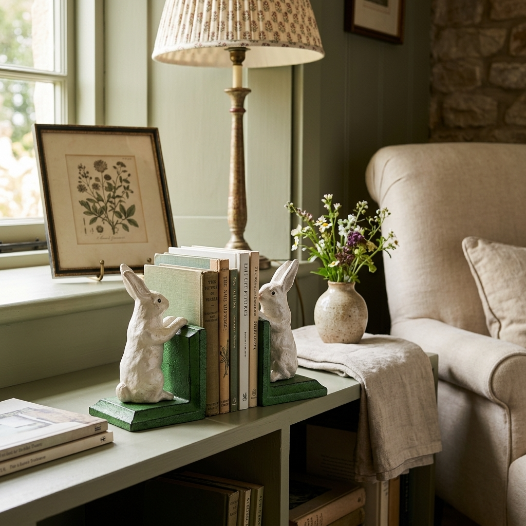 McGowan & Rutherford white rabbit bookends holding books on a painted bookshelf in a cosy English country house reading nook.