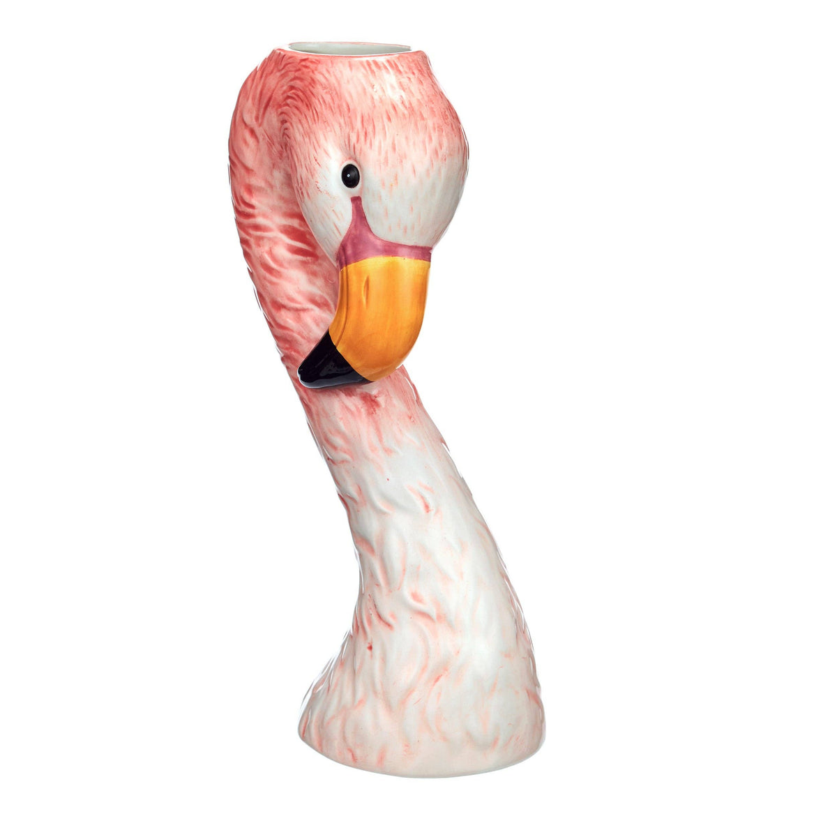Medium flamingo head vase shown from the side with curved pink neck