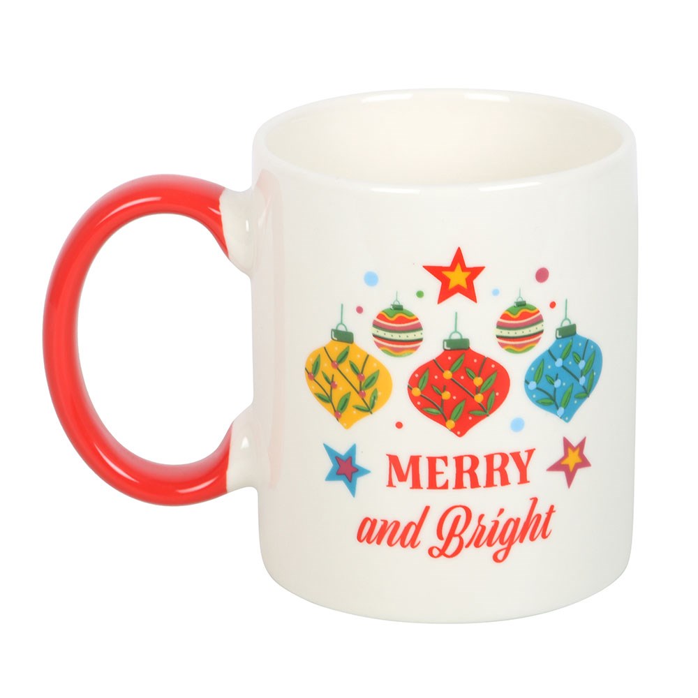Merry and Bright Christmas Mug featuring colourful hanging Christmas baubles, festive lettering and a red ceramic handle