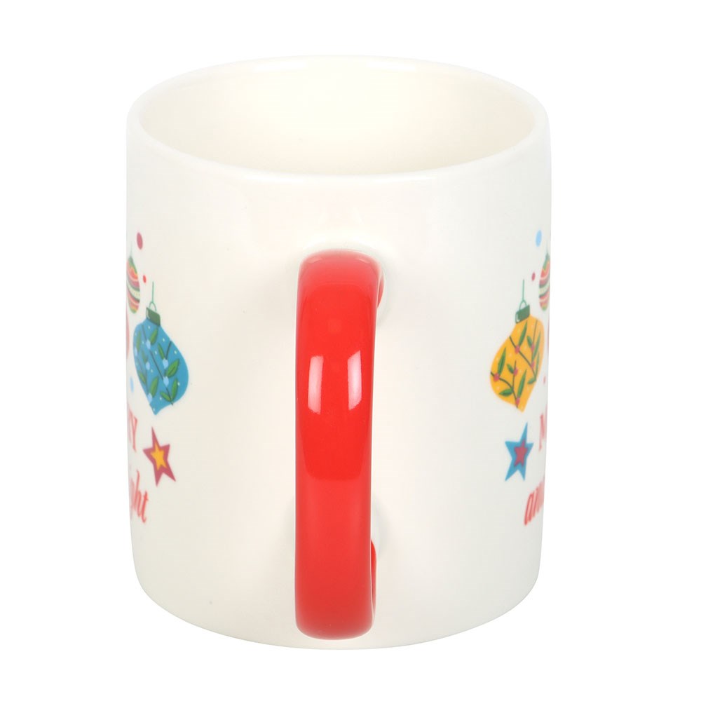 Merry and Bright Christmas Mug showing plain white ceramic back with red handle and festive decoration at the sides