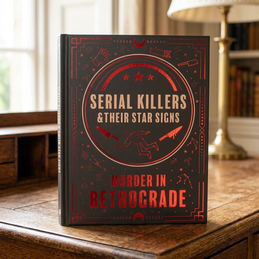 Murder in Retrograde Serial Killers & Their Star Signs hardback book displayed upright on a wooden desk in a traditional country house
