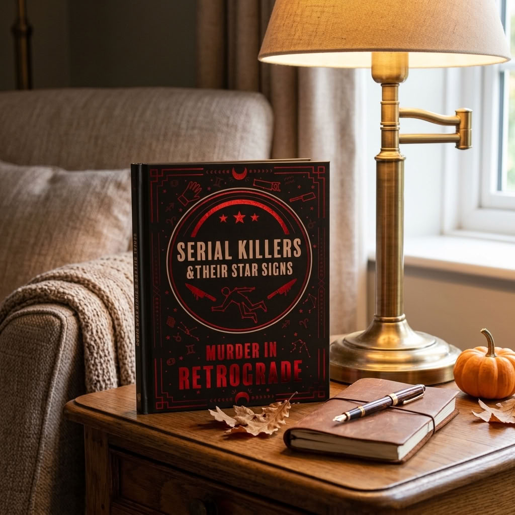 Murder in Retrograde Serial Killers & Their Star Signs hardback book styled beside a warm reading lamp in a cosy country house