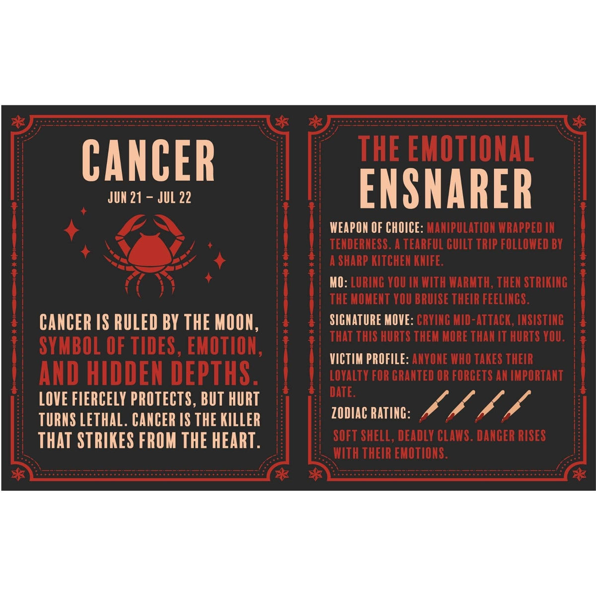 Murder in Retrograde open to illustrated serial killer profiles associated with the Cancer star sign