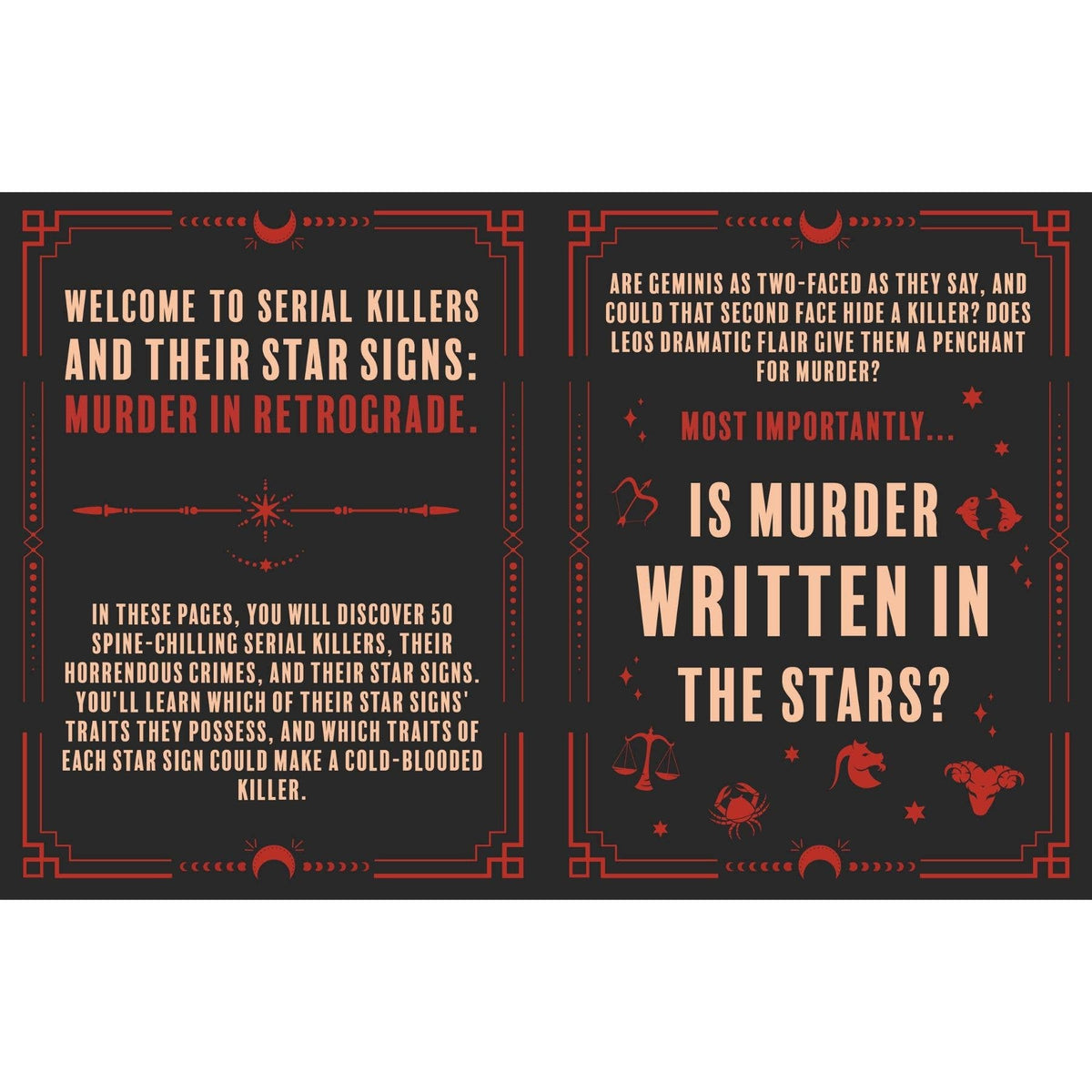 Murder in Retrograde open book showing introductory pages about serial killers and astrology