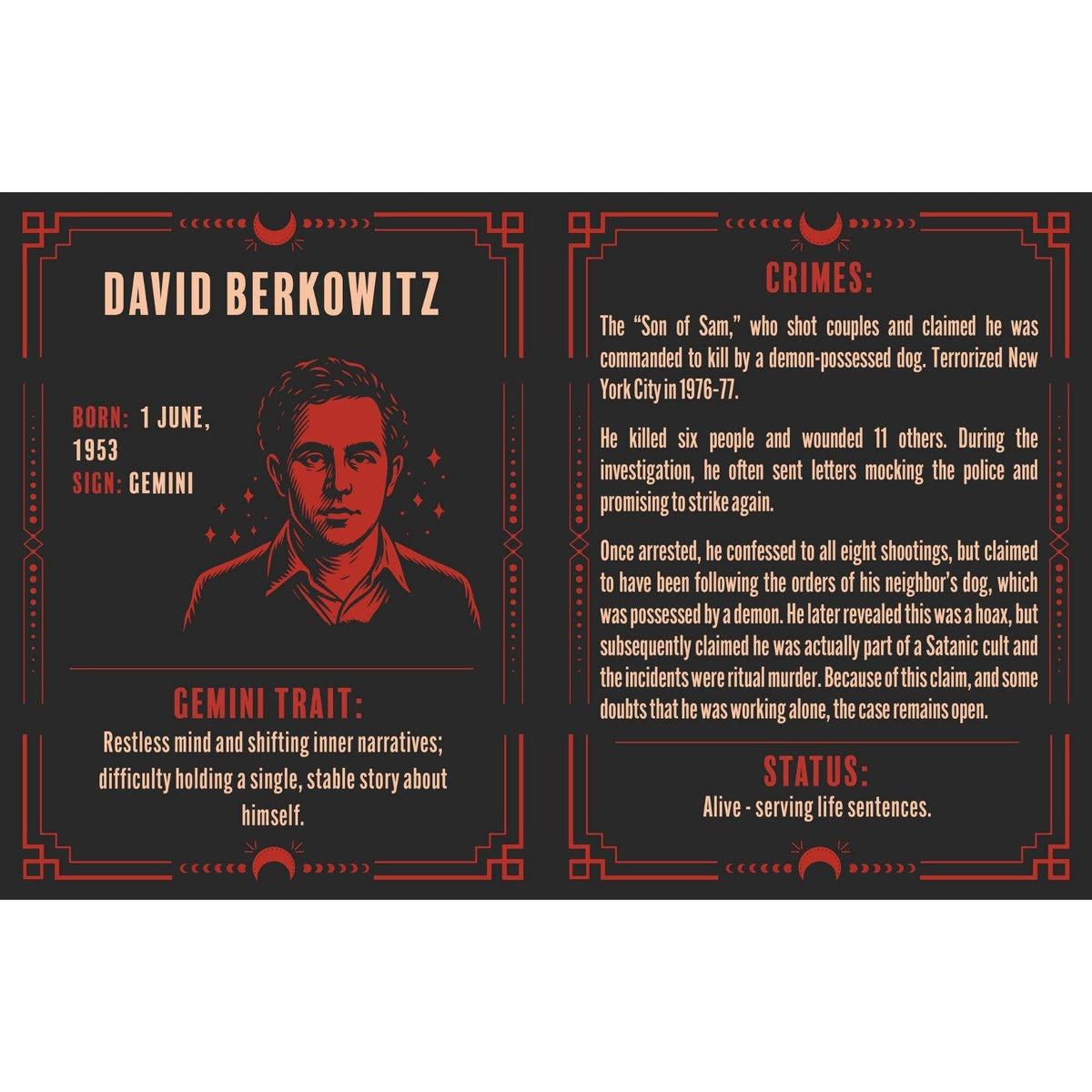 Murder in Retrograde interior spread featuring an illustrated Jeffrey Dahmer profile and astrological details