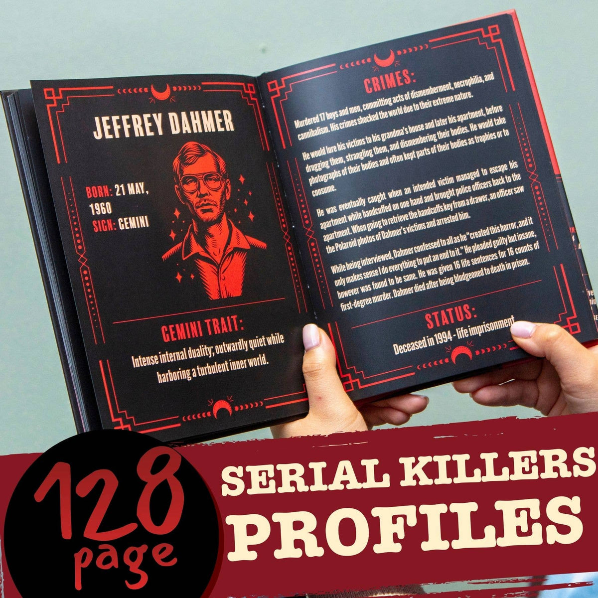 Murder in Retrograde book open to show its 128 serial killer profiles and illustrated page design