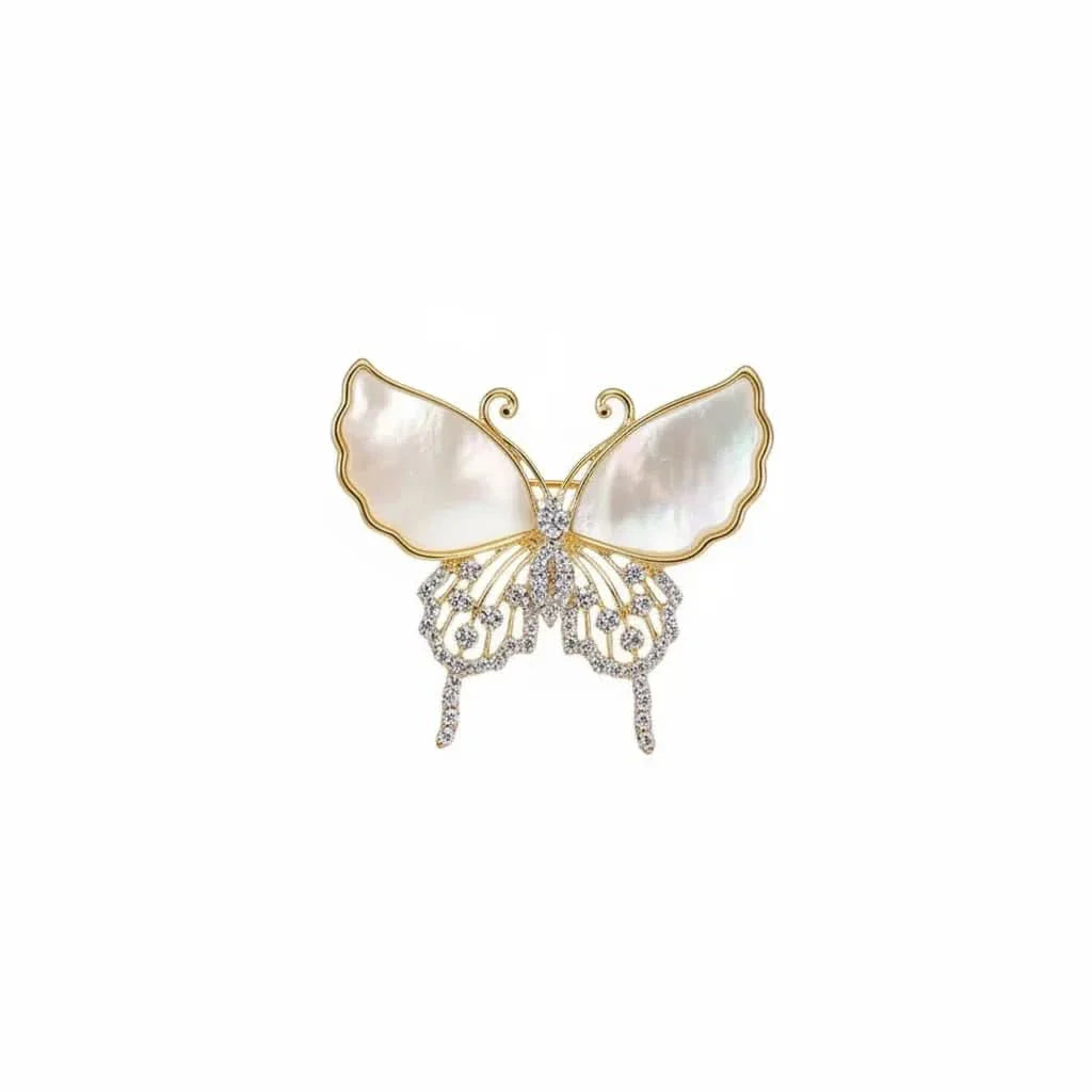 Natural Shell Diamond Butterfly Brooch by Angel Barocco