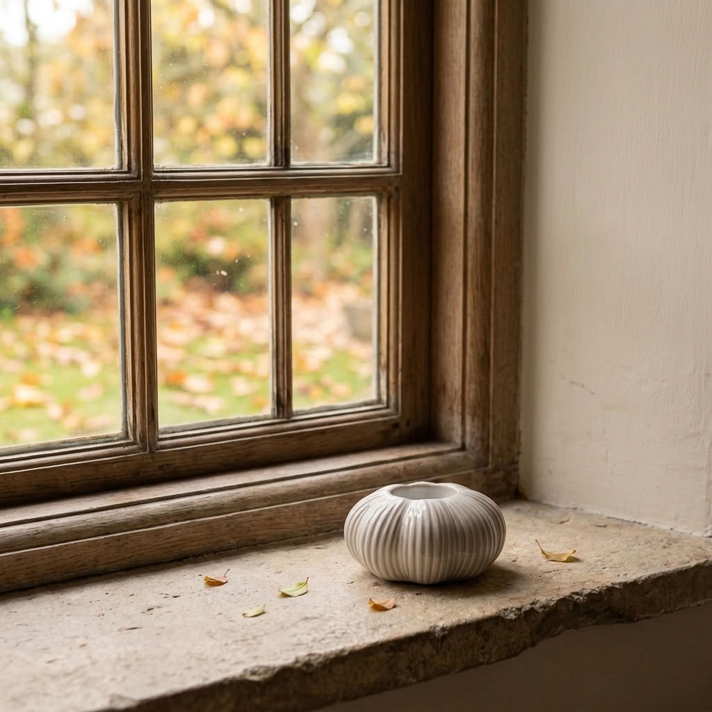 Neutral Pumpkin Tealight Holder styled on a cottage windowsill with autumn foliage outside