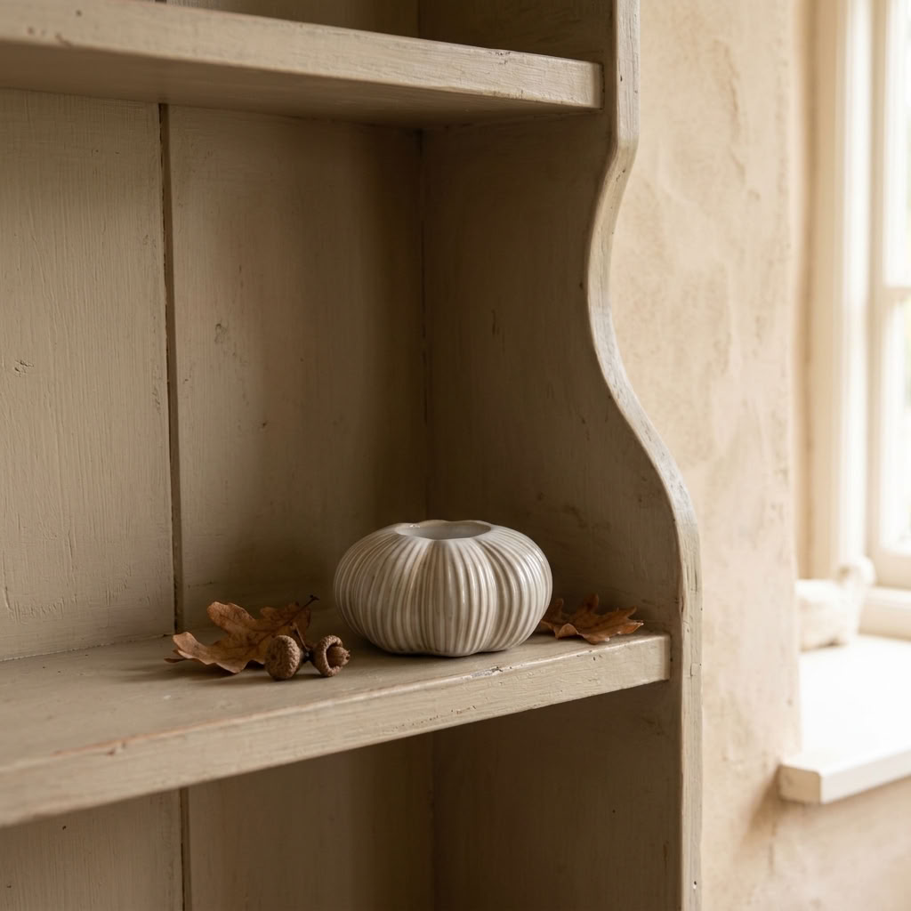 Neutral Pumpkin Tealight Holder displayed on a painted wooden shelf in a warm English country interior