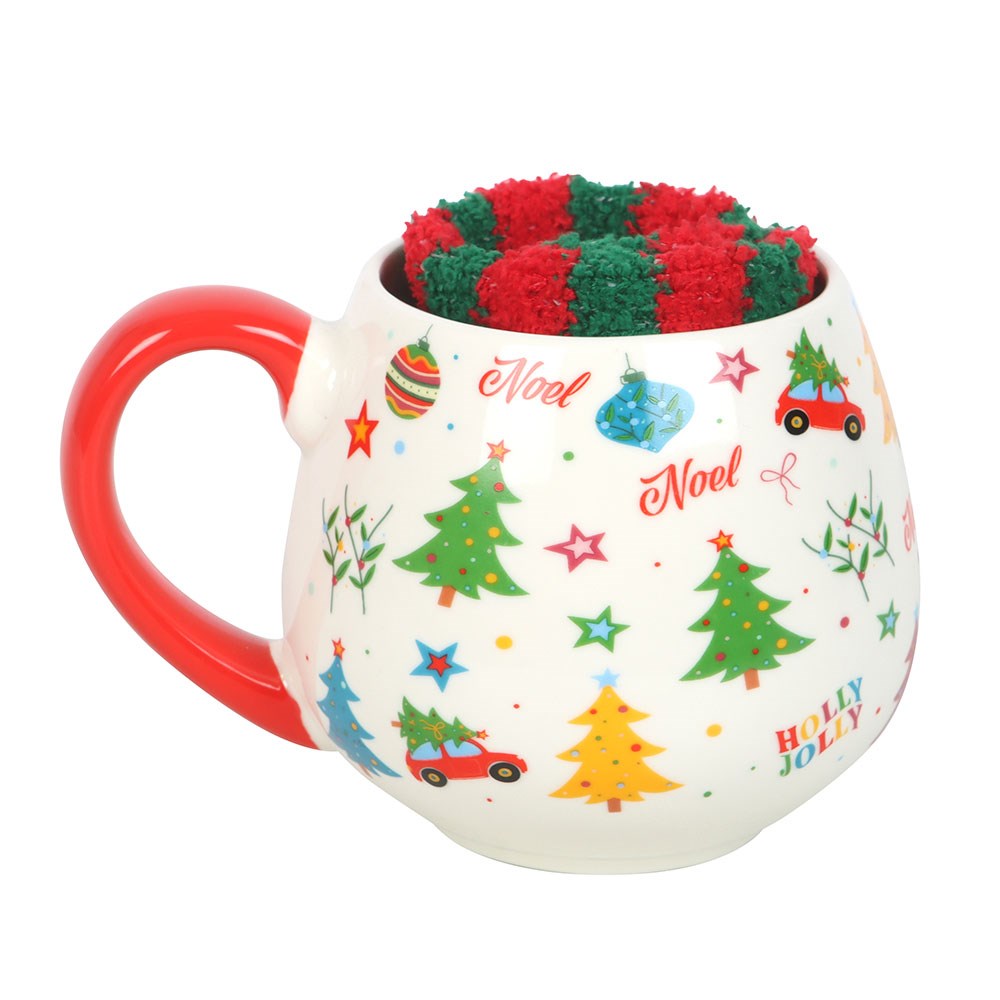 Nostalgic Christmas Mug and Socks Gift Set showing the ceramic mug with colourful Christmas tree illustrations and striped socks inside