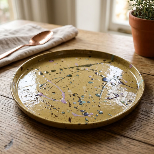 Oliva handmade stoneware dinner plate by Ribera with colourful splatter glaze on a rustic oak farmhouse table.