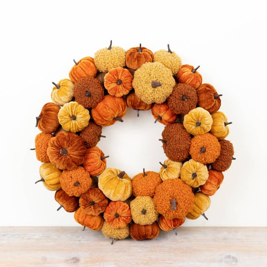 Orange pumpkin autumn wreath with layered pumpkins in warm seasonal colours, 44cm