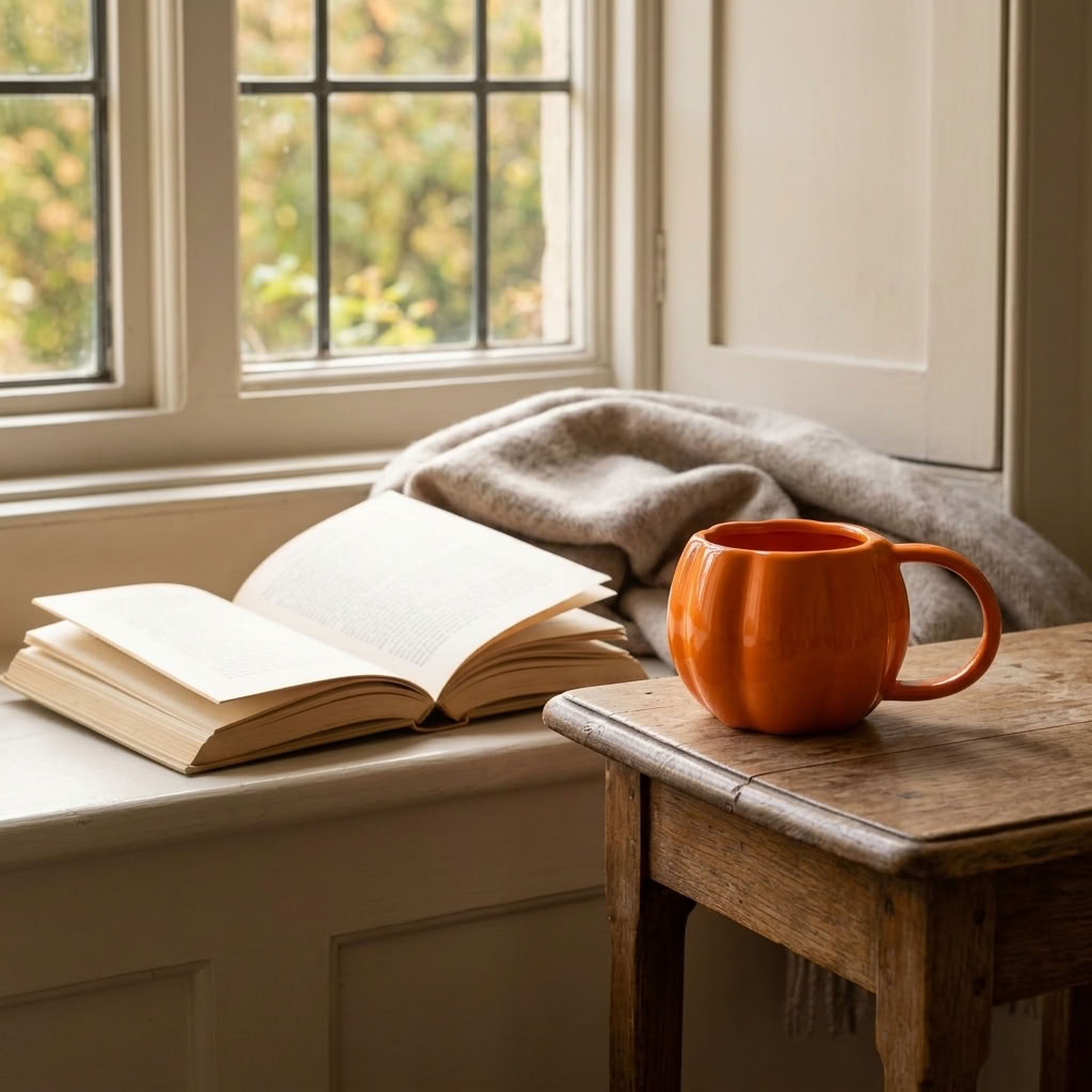 Orange Pumpkin Mug beside an open book on a wooden table by an English country window with autumn foliage