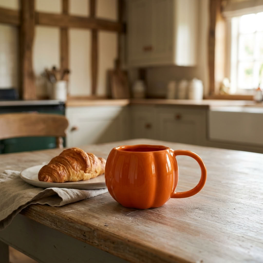 Orange Pumpkin Mug with a croissant and linen napkin on an aged wooden breakfast table in a country kitchen