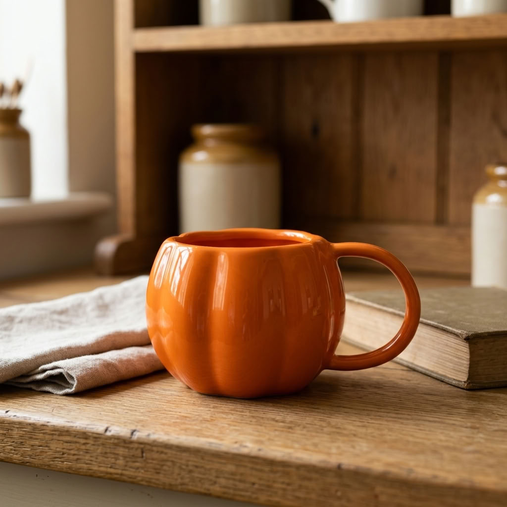 Orange Pumpkin Mug styled with a vintage book and linen on an aged wooden worktop in a country pantry