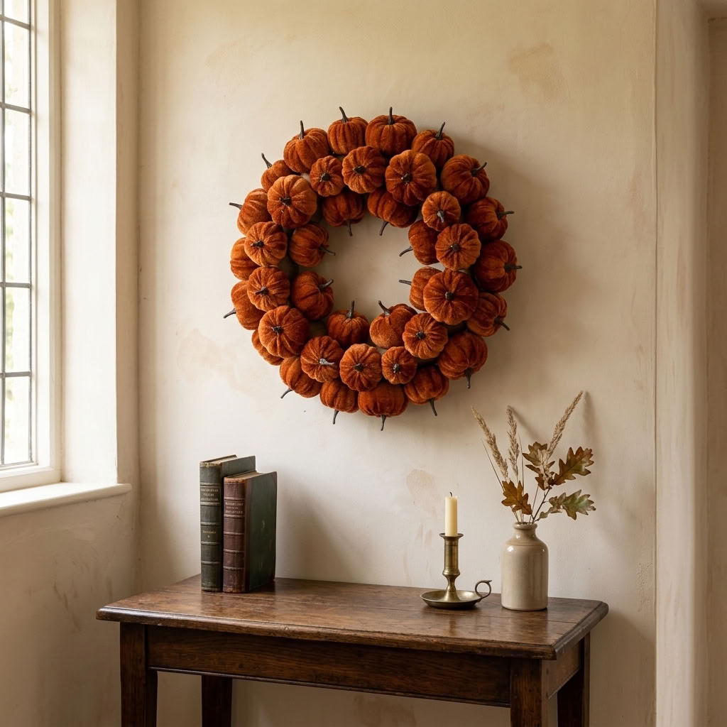 Orange Velvet Pumpkin Wreath displayed above an antique oak console table in a traditional English country hallway