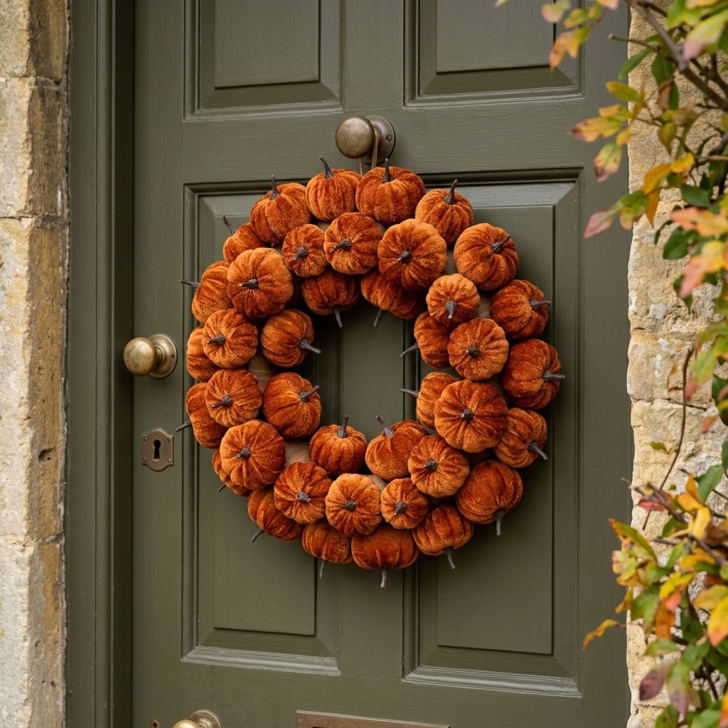 Orange Velvet Pumpkin Wreath displayed on a dark olive green front door of an English country house