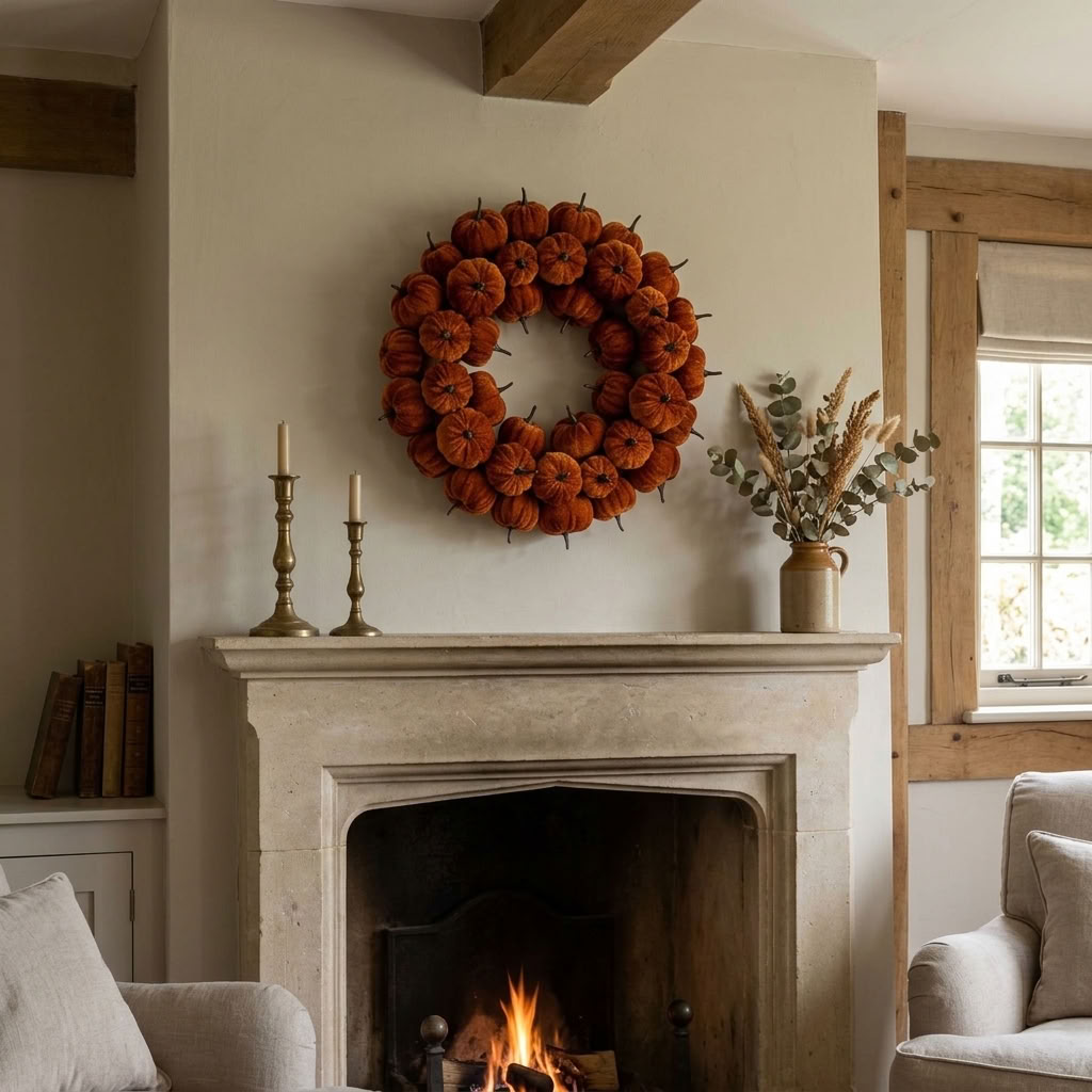 Orange Velvet Pumpkin Wreath displayed above an aged stone fireplace in a warm English country sitting room
