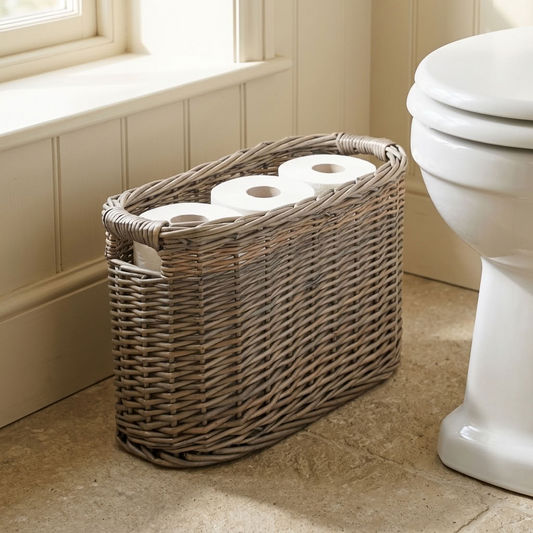Oval Willow Toilet Roll Organiser Basket in antique-wash wicker holding white toilet rolls beside a traditional bathroom toilet.