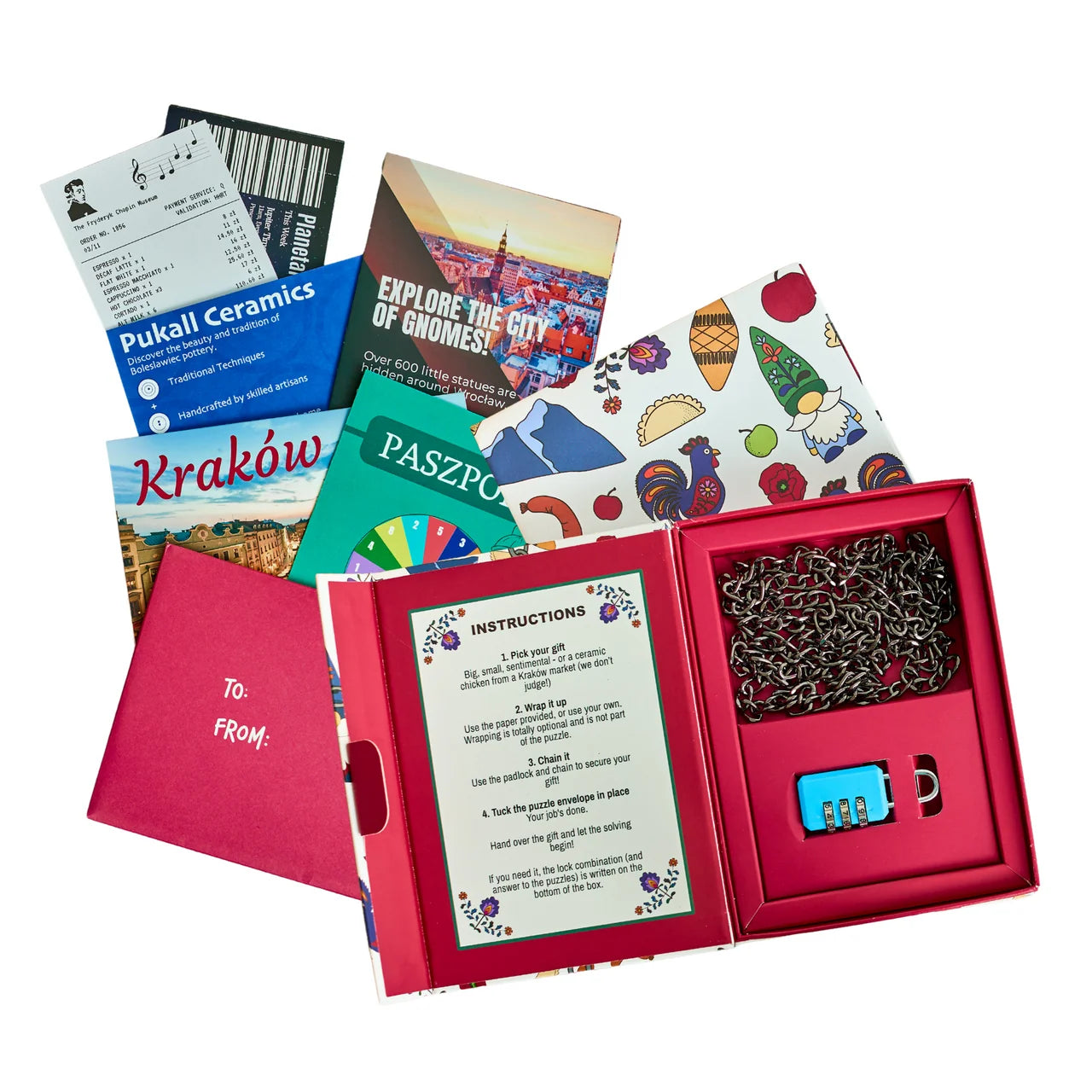 Padlock'd Poland escape room puzzle envelope, cards, chain and combination padlock