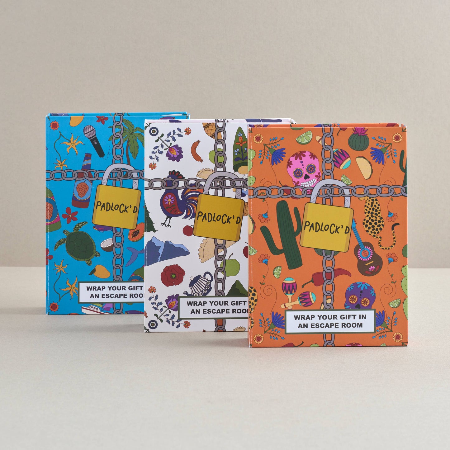 Padlock'd Poland complete gift game contents with illustrated puzzle pieces and wrapping paper