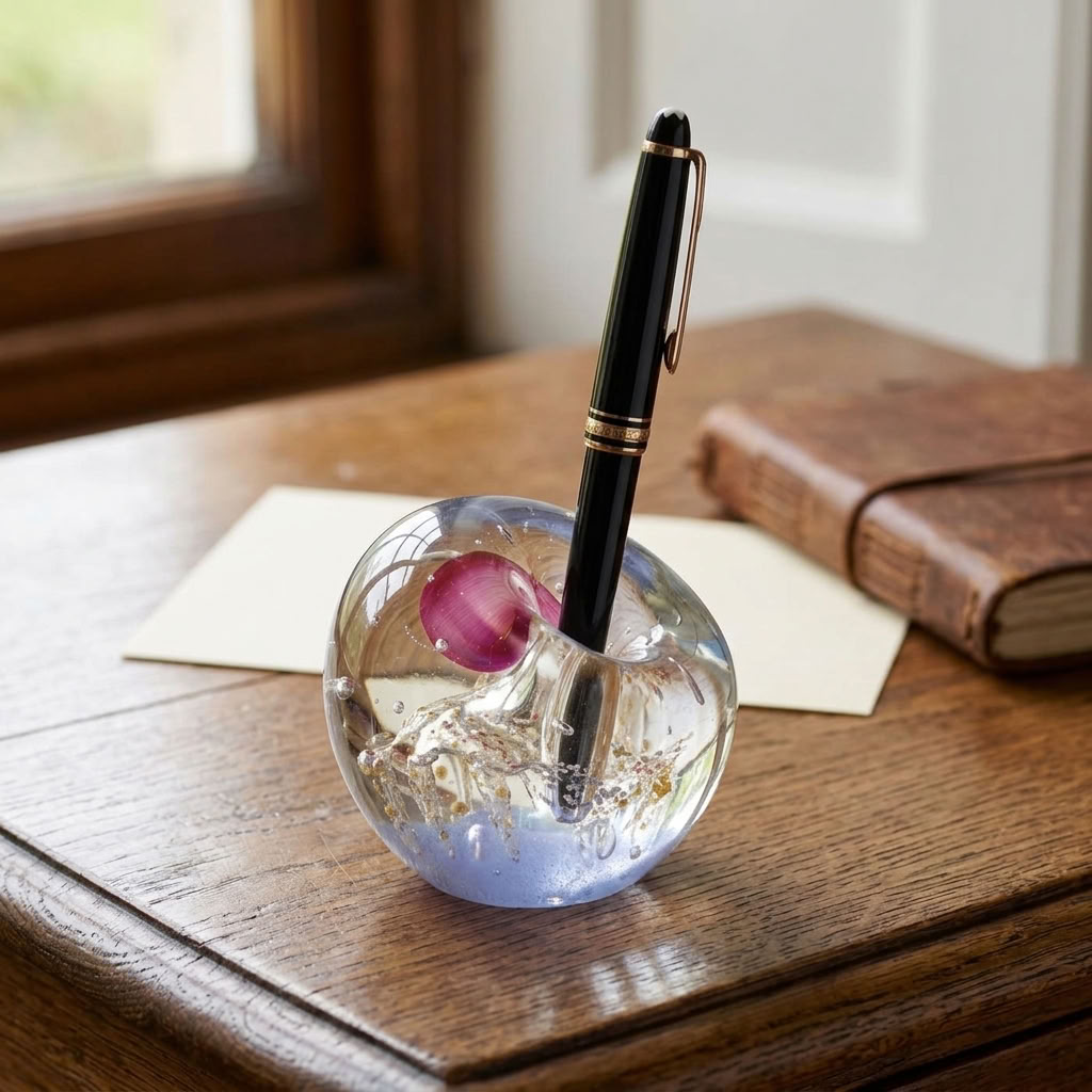 Pen Holder Glass Paperweight with pink and blue glass detailing and a black pen, displayed on an antique oak writing desk