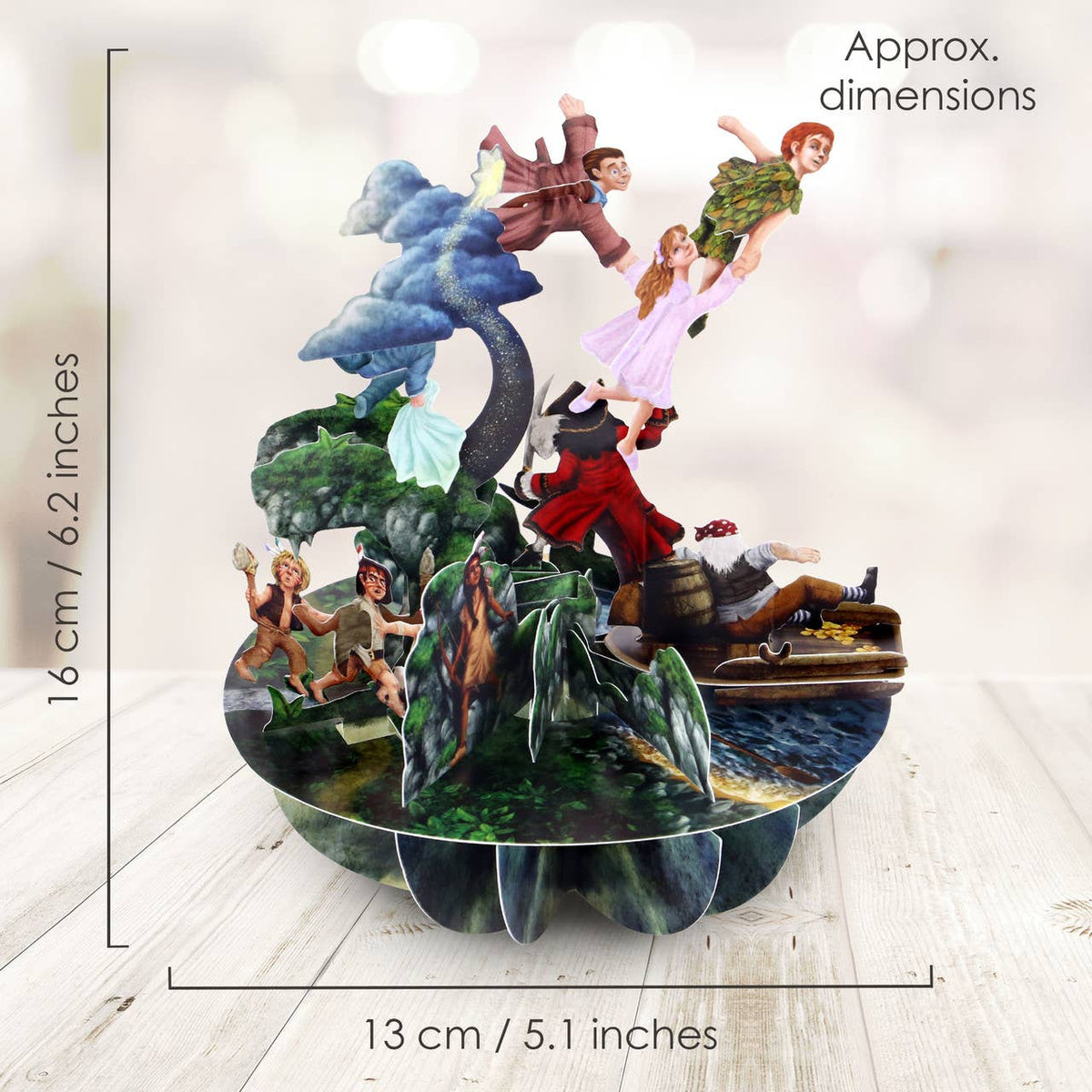 Peter Pan Pirouette Card showing the detailed 3D Neverland scene with approximate dimensions of 16cm high and 13cm wide