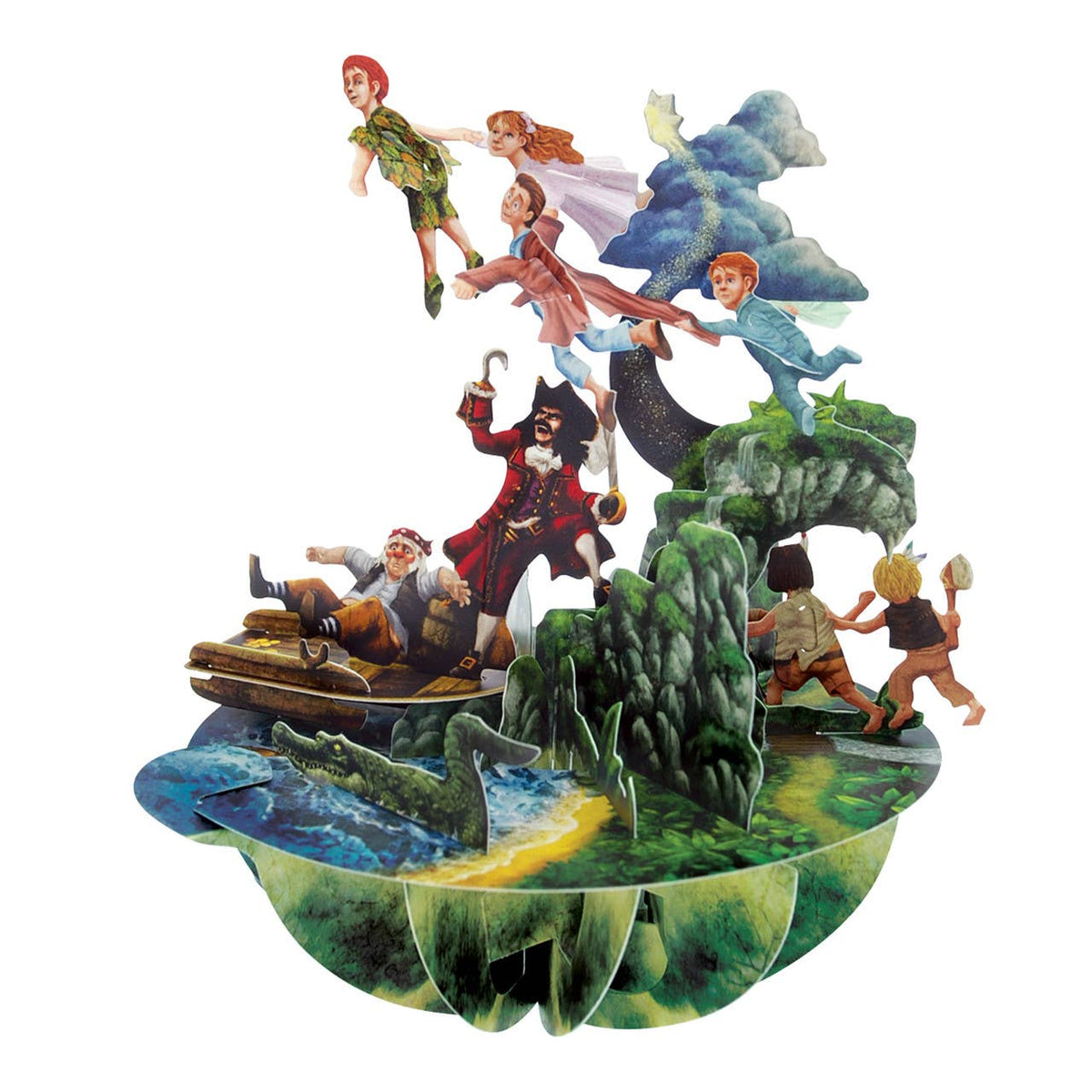 Peter Pan Pirouette Card showing the colourful 3D Neverland scene with Peter Pan and other storybook characters