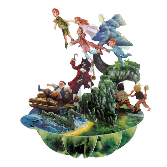 Peter Pan Pirouette Card showing the colourful 3D Neverland scene with Peter Pan and other storybook characters