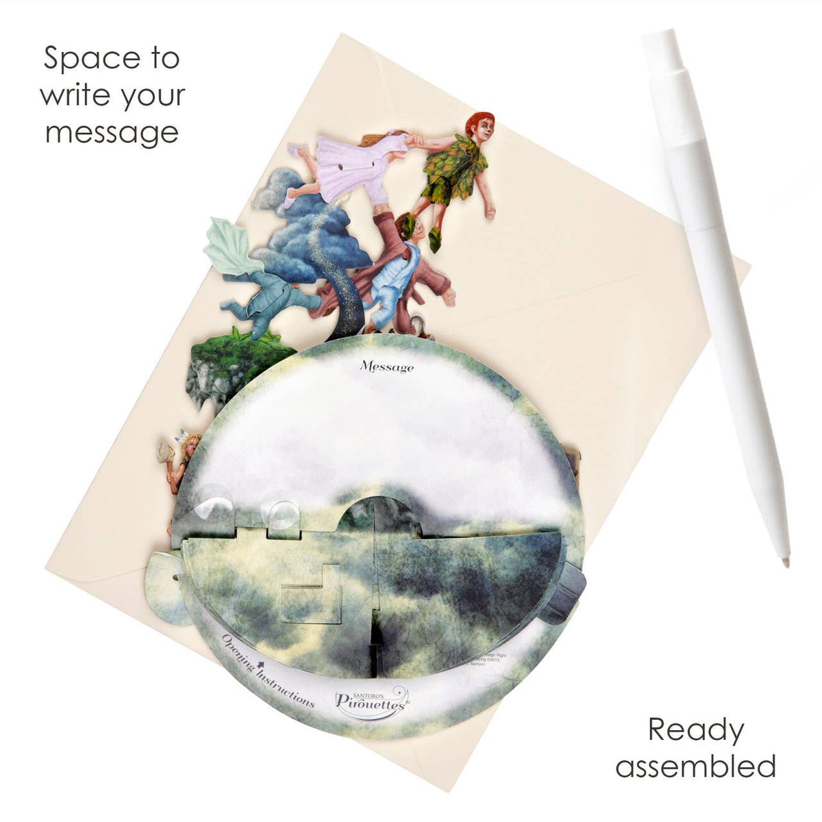 Peter Pan Pirouette Card showing the illustrated message area on the reverse of the 3D card with its matching envelope